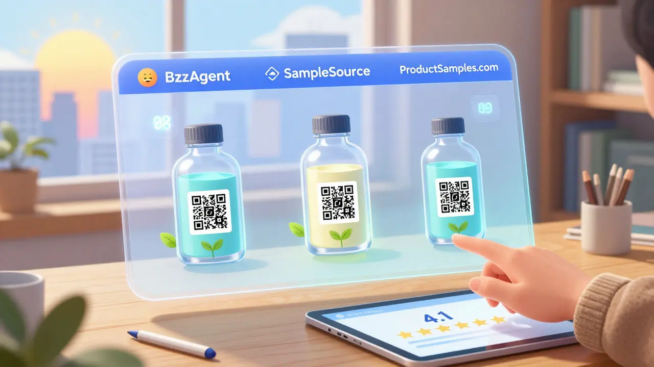 Animated medication samples with countdown timers and QR codes float above a desk, showing ethical tracking systems in a cozy room.