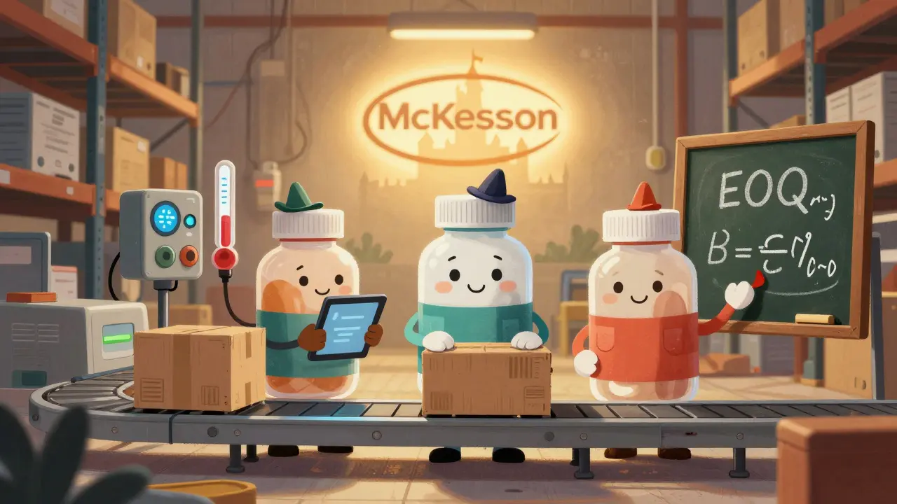 Anthropomorphic pill bottles work in a smart warehouse, using AI tools and the EOQ formula to manage inventory.