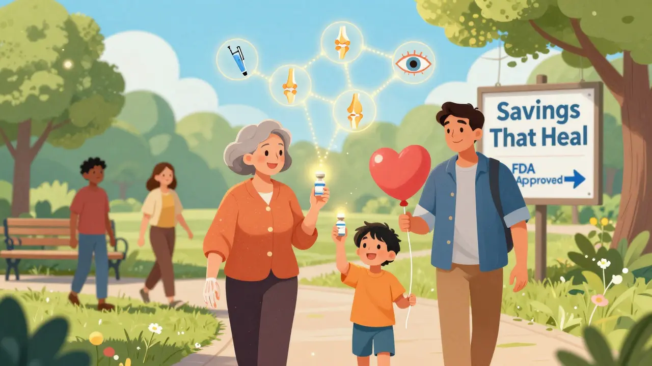 Diverse patients walking in a sunny park holding glowing biosimilar vials, with icons of medical conditions and a 'Savings That Heal' sign in the background.