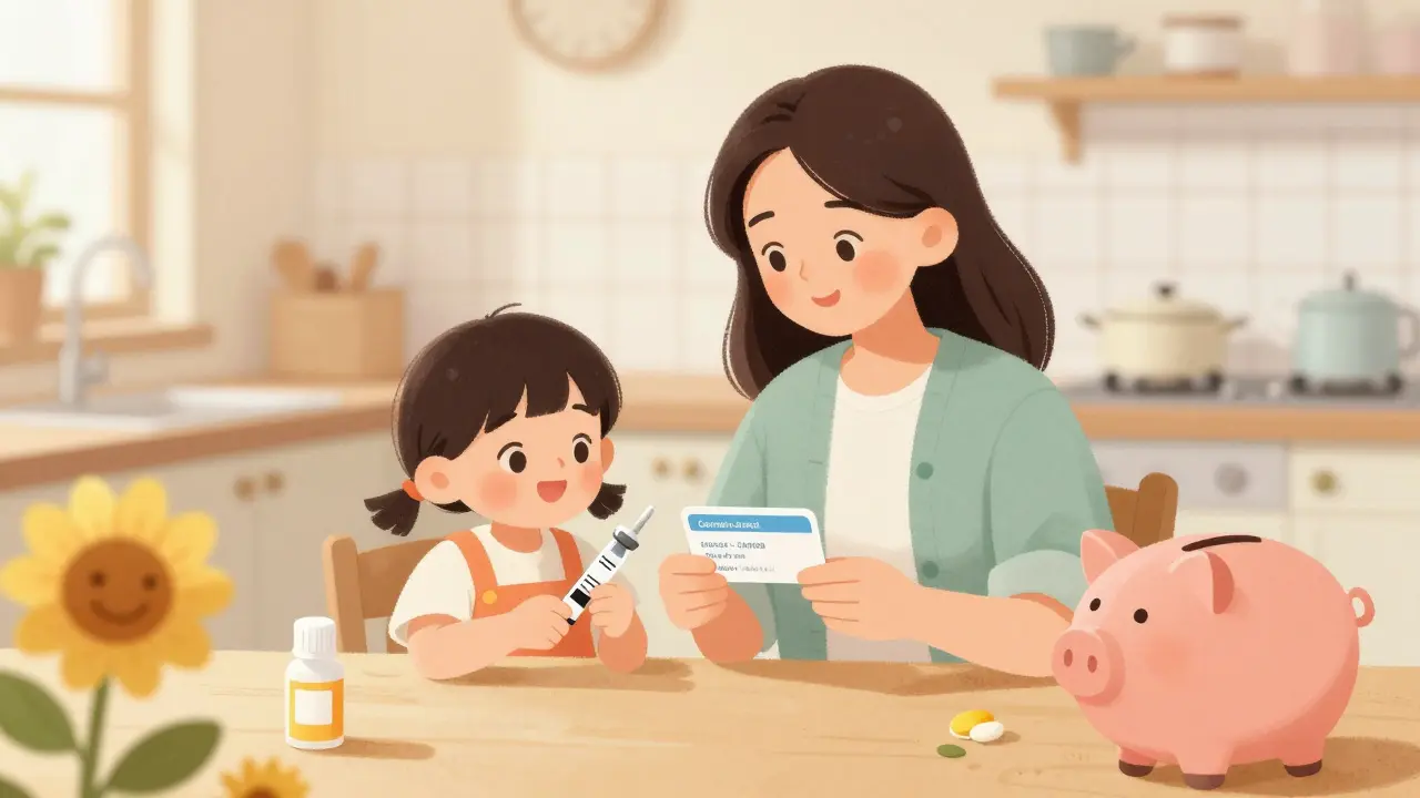 Parent and child using discount card for insulin at home with piggy bank.