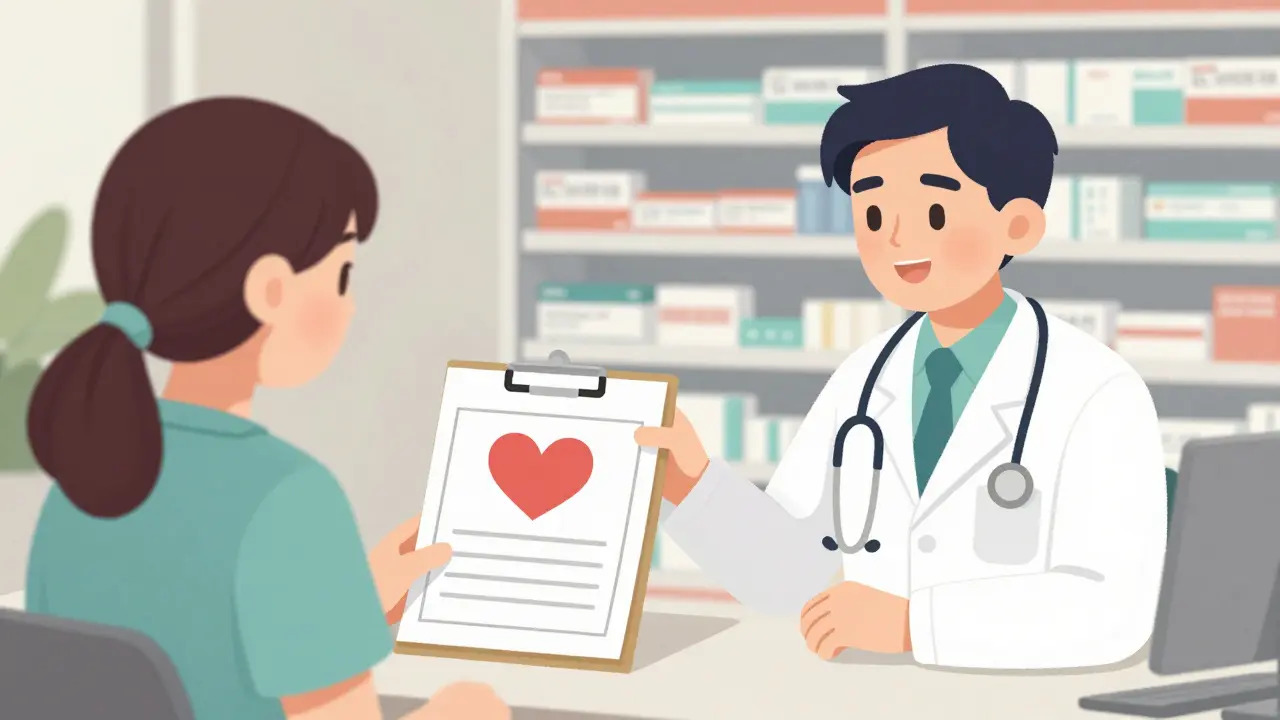 Patient showing doctor's note with heart symbol to pharmacist
