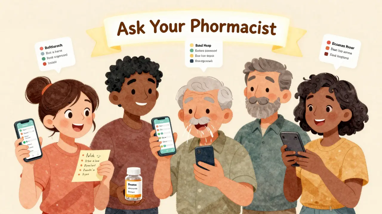 People using phones to translate prescription labels, with sticky notes and voice recordings helping them understand their medicine.