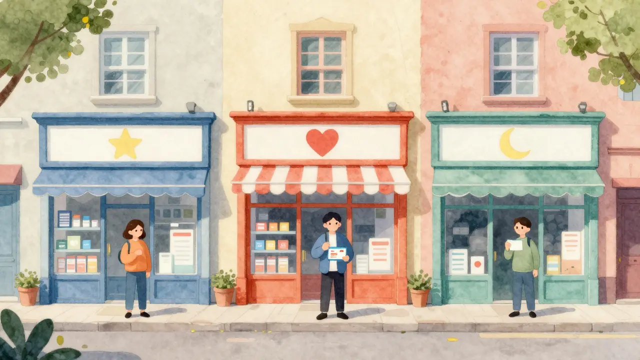 Person comparing pharmacy prices in a whimsical town with symbol-marked stores.