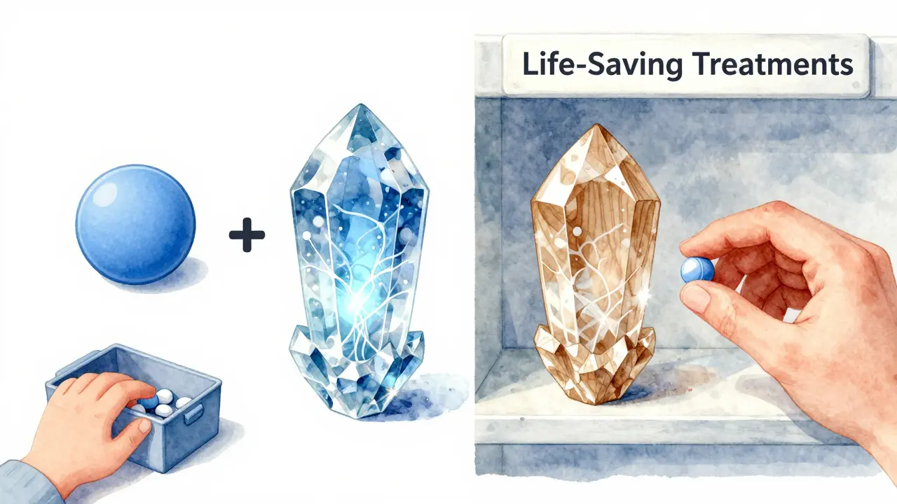 Side-by-side comparison of a simple generic pill, a complex biologic drug, and its biosimilar version with subtle hand-crafted differences.