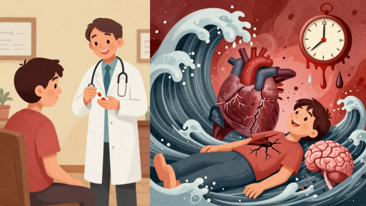 Split scene: calm daily pill-taking vs. hormonal tsunami overwhelming organs during thyroid storm.
