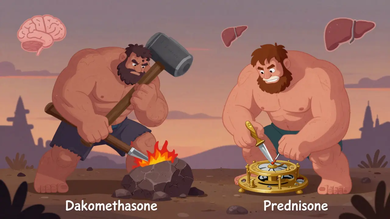 Two cartoon steroids — one a sledgehammer giant, the other a scalpel artisan — fight inflammation in different ways.