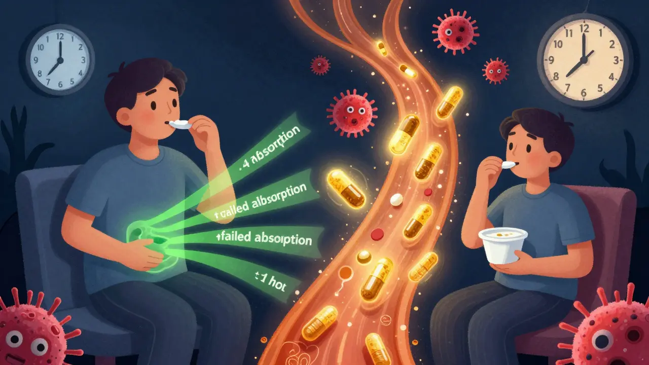 Two timelines show antibiotic success when dairy is avoided versus failure when taken together.