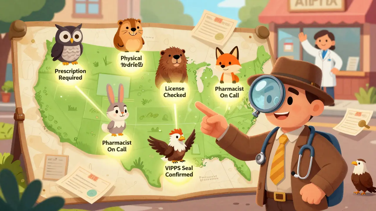 A detective with a magnifying glass points to five verified checkpoints on a U.S. map, each guarded by a friendly animal mascot representing pharmacy safety.