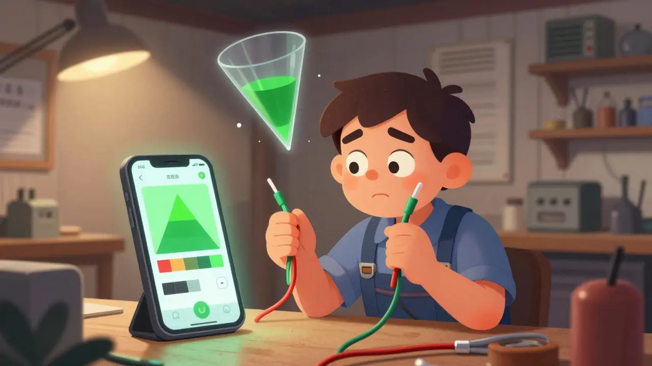 A mechanic uses a phone app to distinguish red and green wires, with cone cells floating above his head.