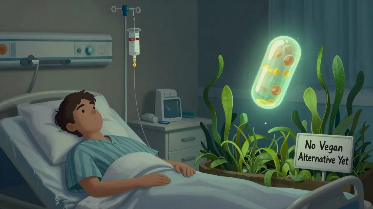 A patient receiving an IV with egg droplets beside a glowing algae supplement, in soft storybook style.