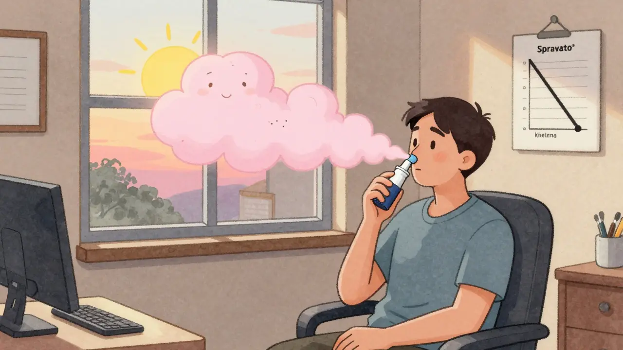 A patient using a nasal spray for depression, with calming pink mist forming happy shapes, in a warm, peaceful office setting.