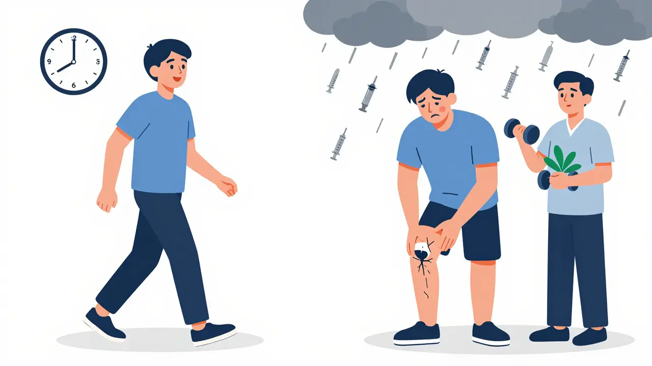 A person experiencing short-term relief from a cortisone shot versus long-term joint damage from repeated injections.