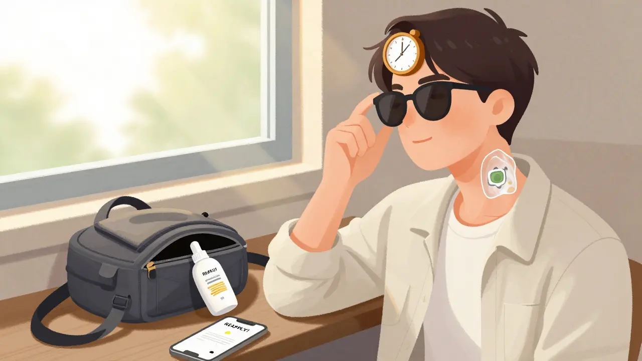 A person near a window with a clock showing two hours passed, sunscreen peeling off, and reapplication reminders nearby.