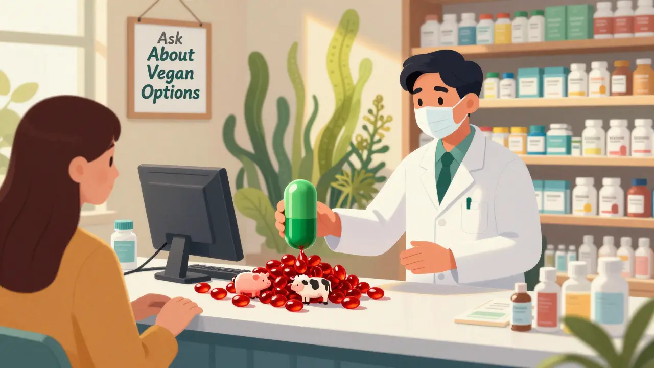 A pharmacist handing a vegan capsule while traditional capsules melt into animals, in storybook illustration style.