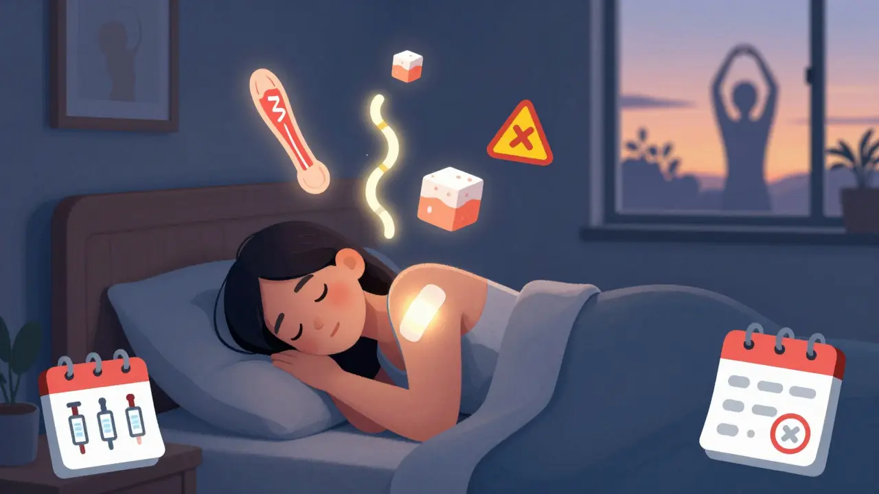 A sleeping patient with floating warning symbols above, hinting at risks of cortisone shots, while dawn suggests hope for recovery.