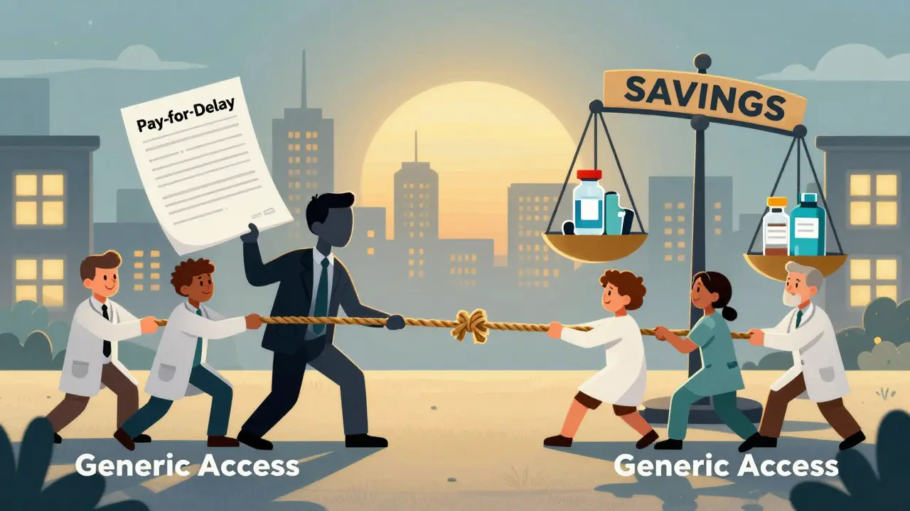 A tug-of-war between corporate interests and patients over access to generic drugs, with a scale tipping toward savings.