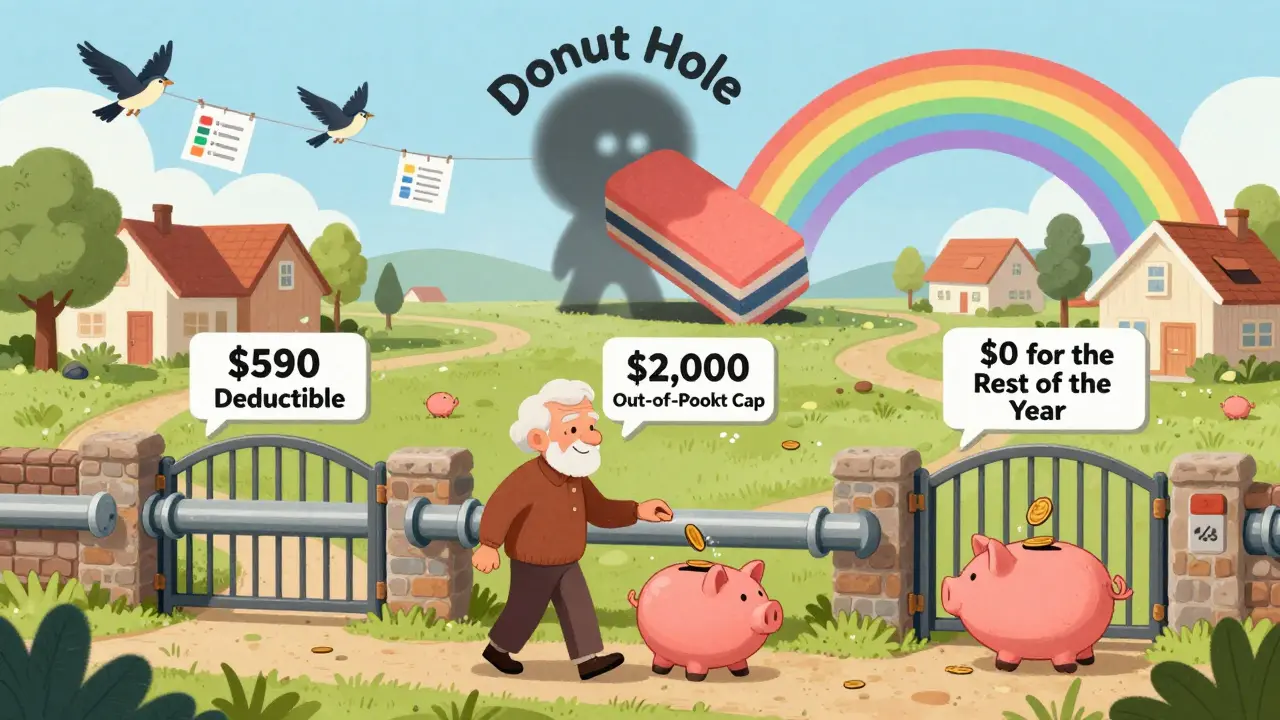 A whimsical pipeline showing drug cost phases from deductible to <h2>Who Qualifies for Extra Help?</h2> out-of-pocket, with a donut hole being erased.
