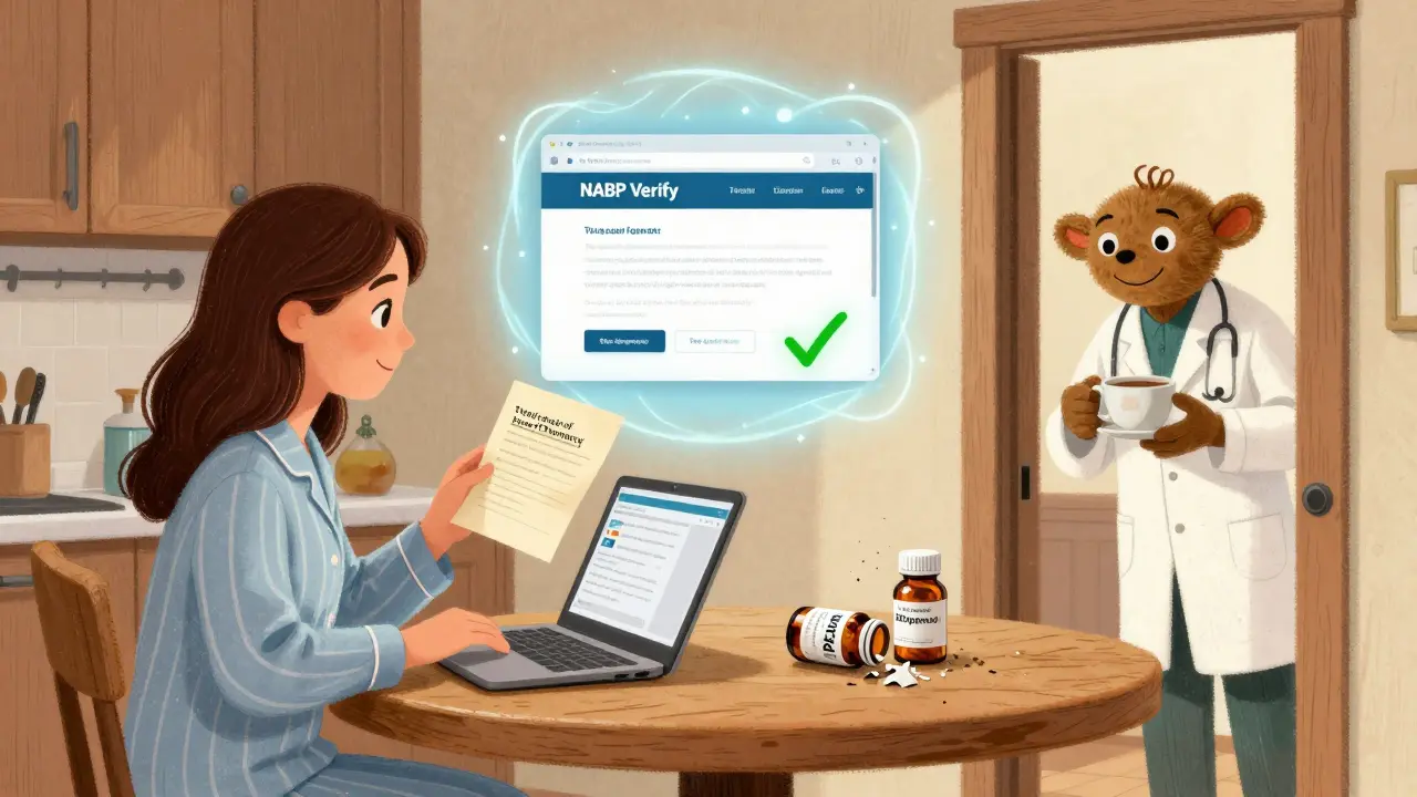 A woman verifies a pharmacy’s license on a real government site, while a fake 'FDA Approved' bottle crumbles beside her, as a pharmacist offers reassurance.