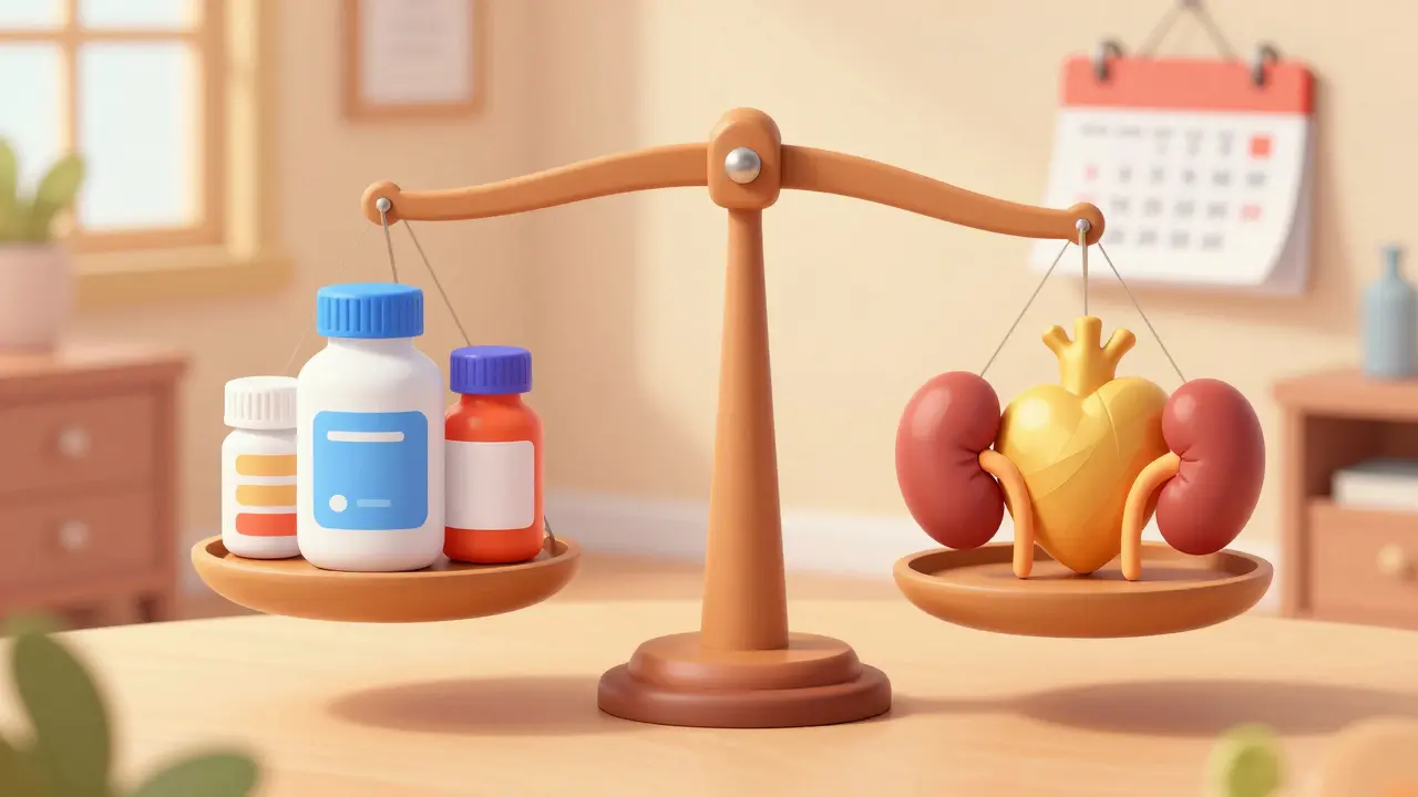 Balanced scale holding pill bottles and organs representing medication management and health balance.