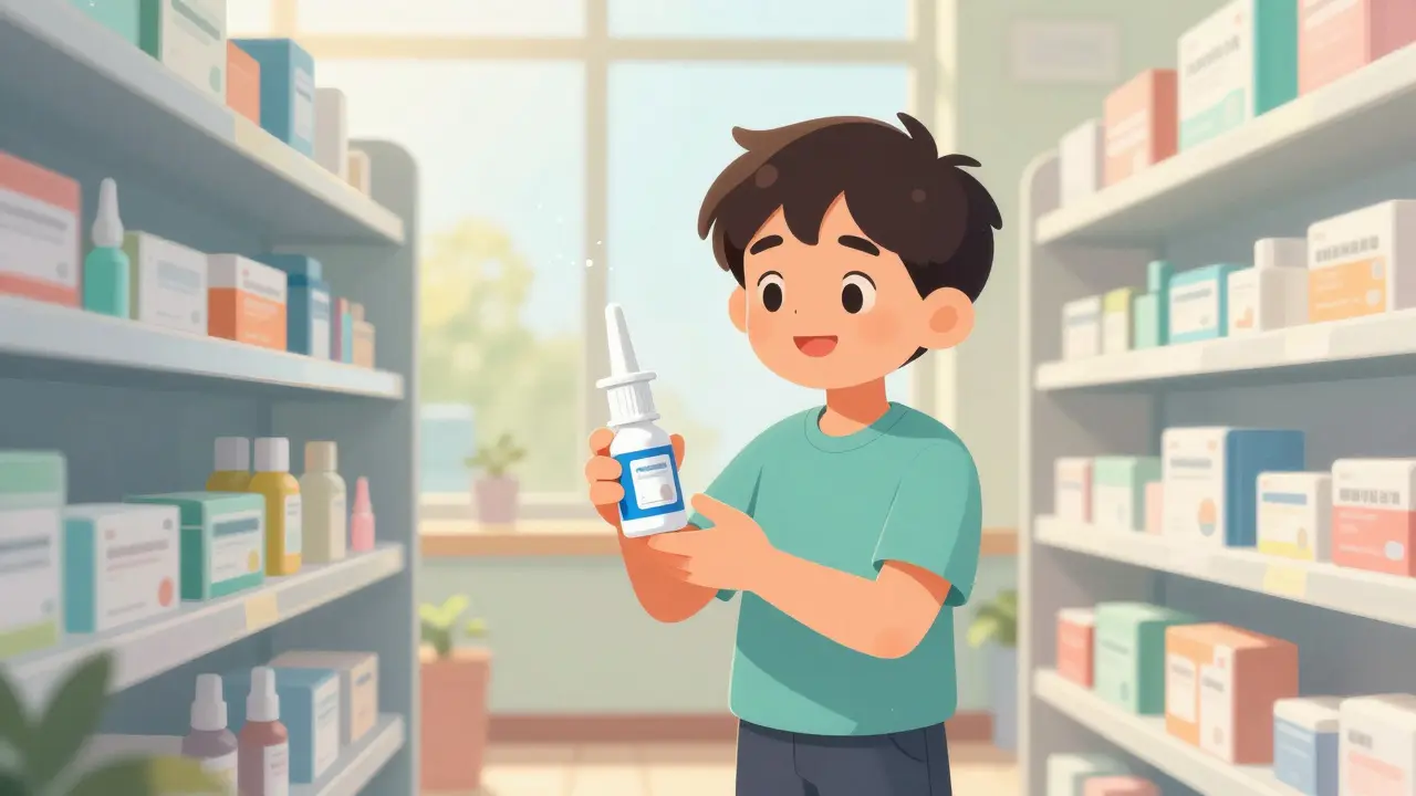 Character choosing nasal spray in bright pharmacy aisle