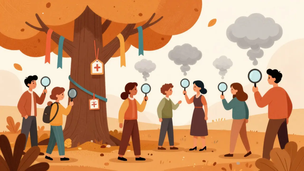 Community gathering with safety ribbons checking facts.