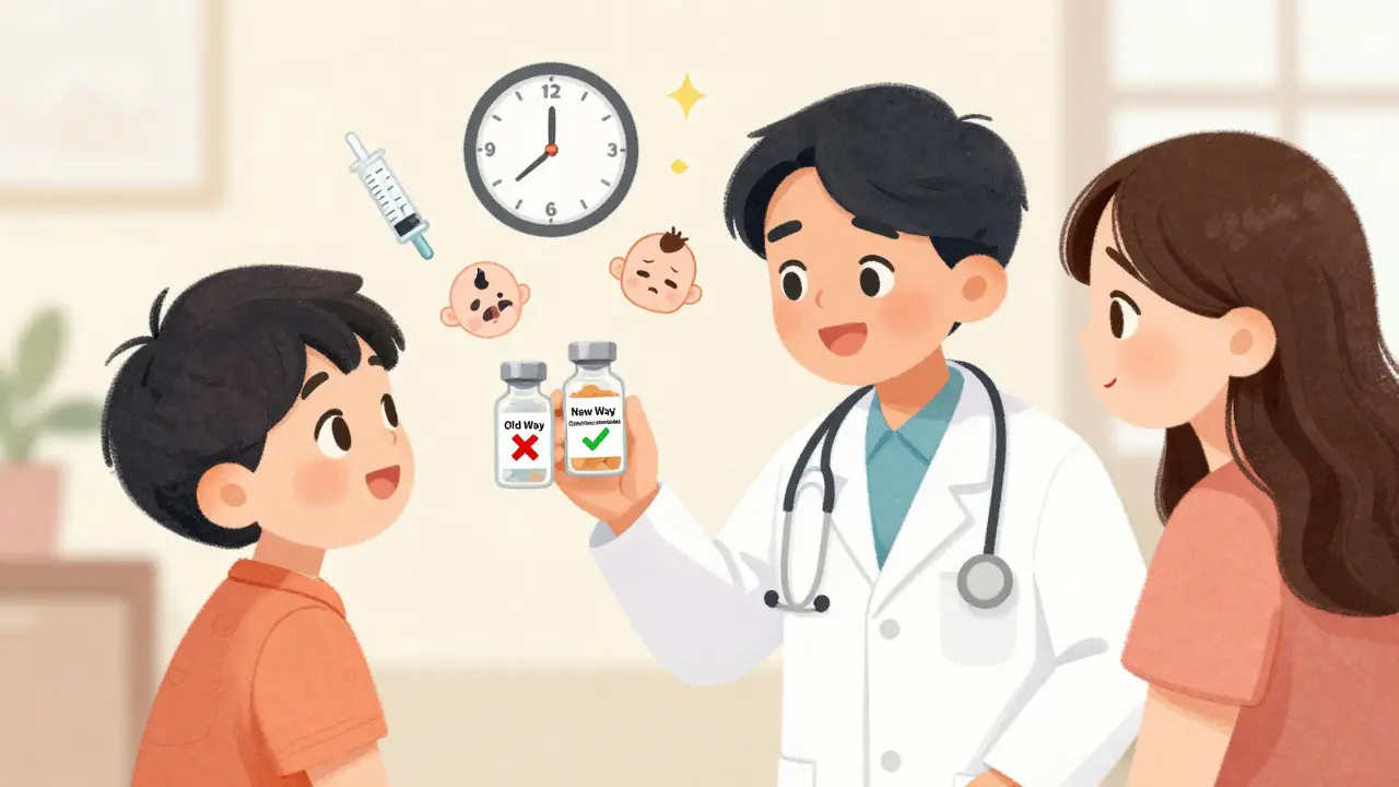 Pediatrician shows a child and parent two medicine bottles, one marked unsafe and one safe for allergies.