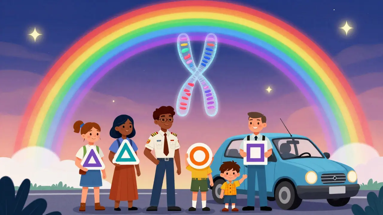 People of different professions hold ColorADD symbols under a rainbow, with a transparent X chromosome showing inheritance.