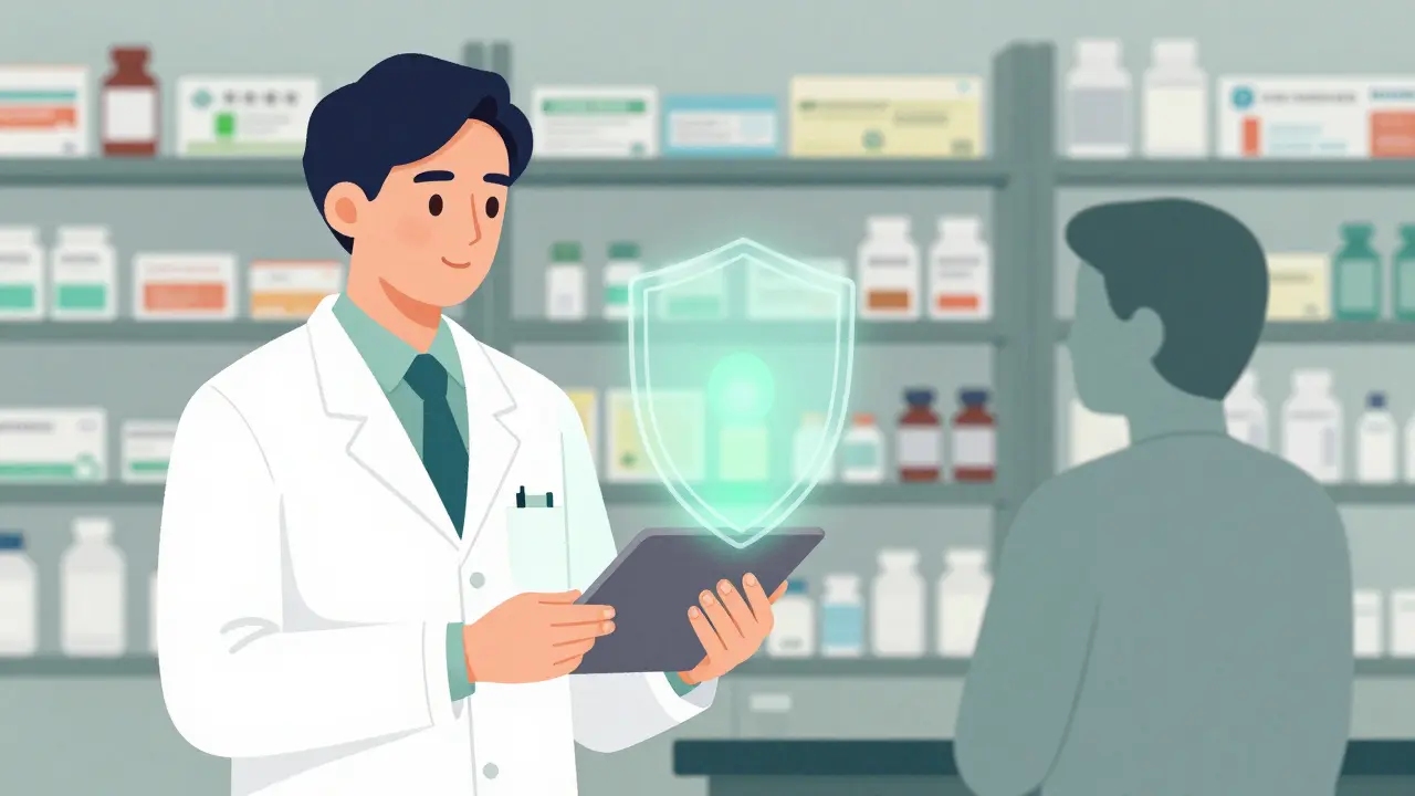Pharmacist using tablet to generate digital safety shield.