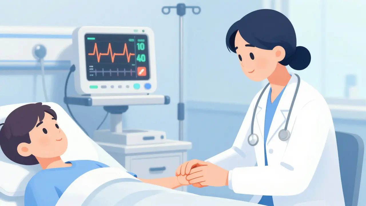 Reassuring nurse holding a patient's hand next to a heart monitor in a calm hospital room.