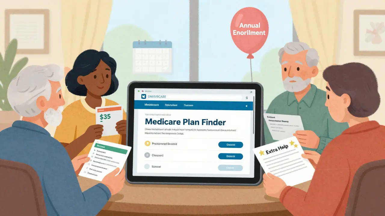 Seniors using a glowing tablet to compare Medicare Part D plans, with insulin and Extra Help labels visible.