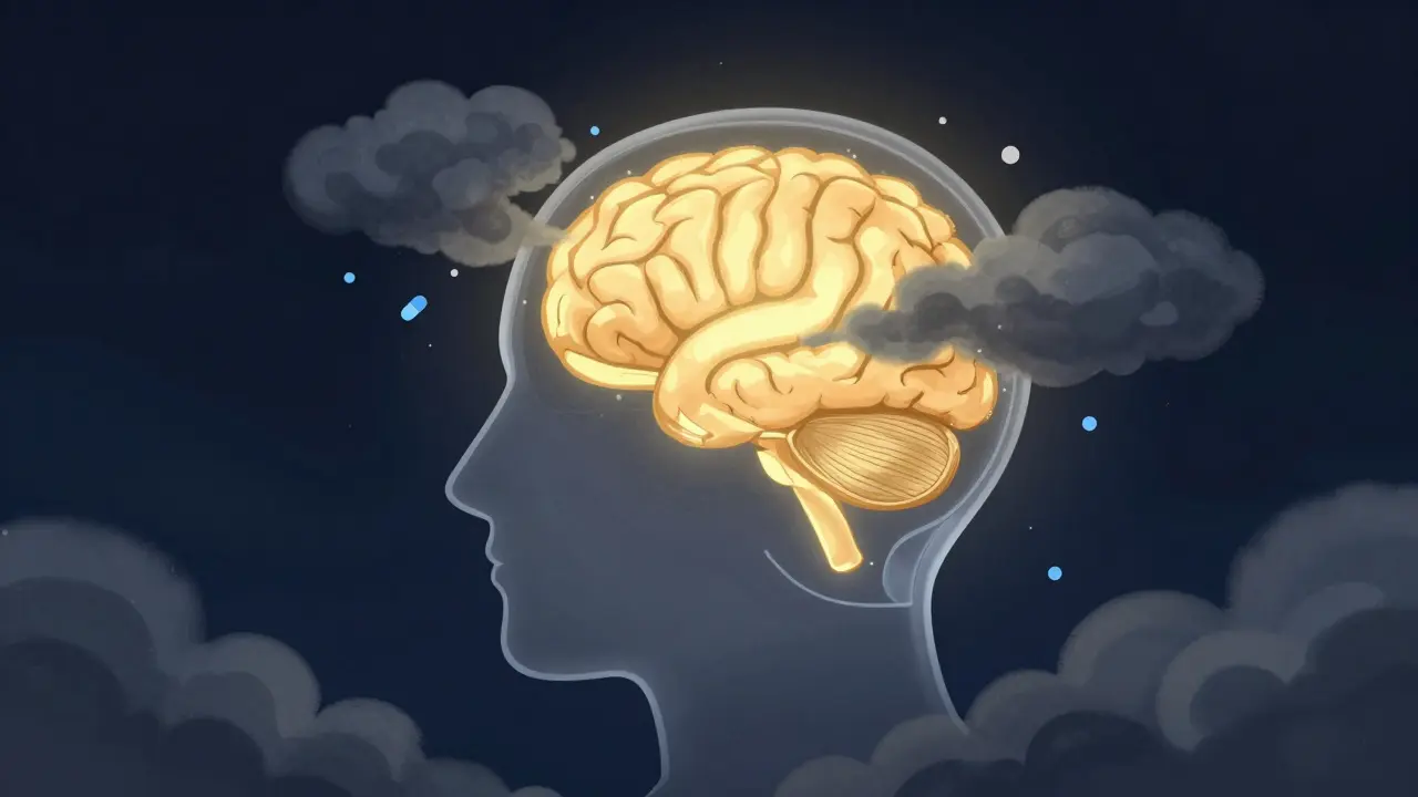 Stylized brain shield with fog clouds and pill particles