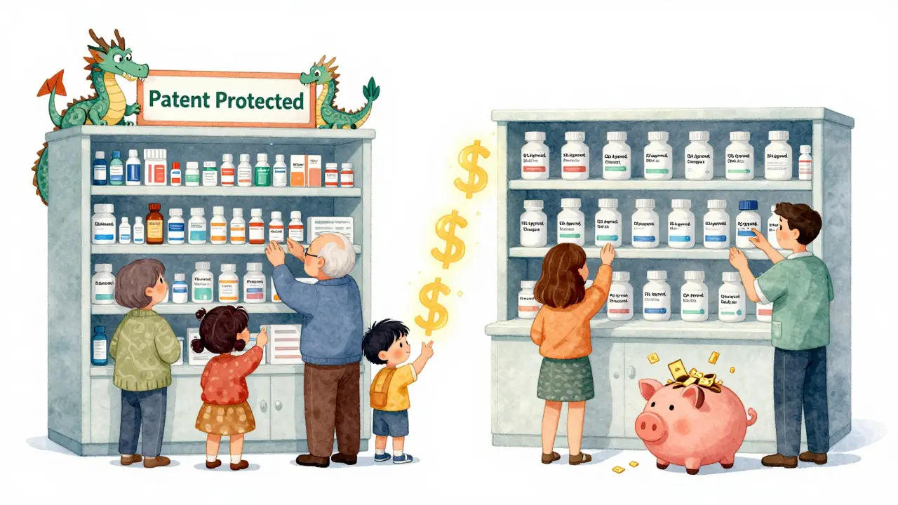 Two pharmacy shelves: one with expensive branded drugs guarded by a dragon, the other with affordable generics being chosen by diverse patients.