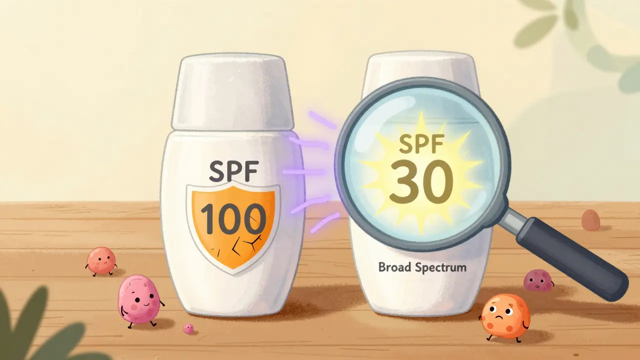 Two sunscreen bottles compared: one failing to block UVA rays, the other strongly protecting skin with a shield.