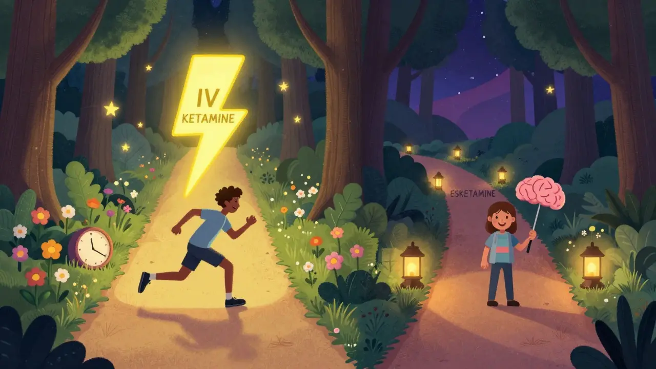 Two symbolic paths: one fast and bright for IV ketamine, another gentle and lantern-lit for esketamine, in a dreamy forest landscape.