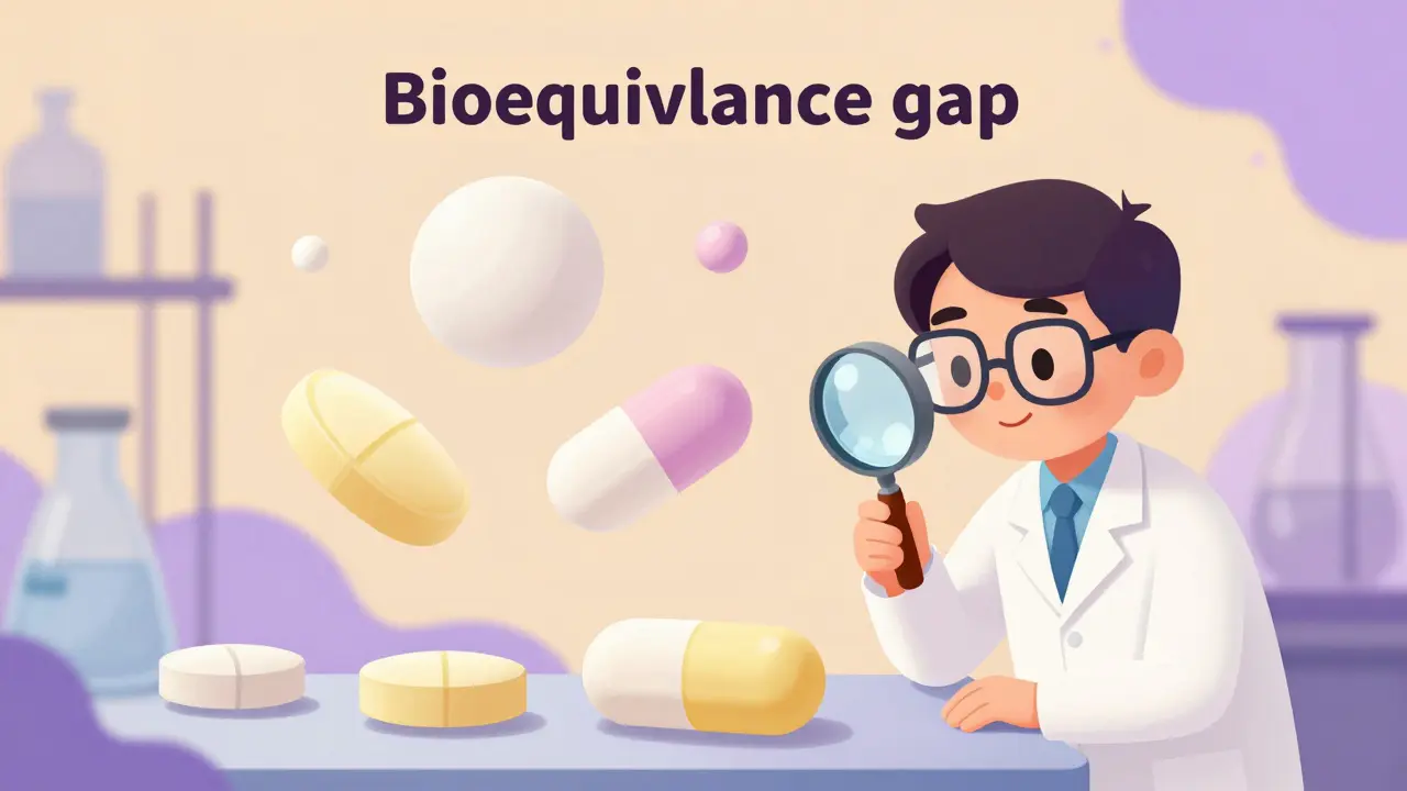 A chemist examining different generic pills with floating symbols representing absorption differences.