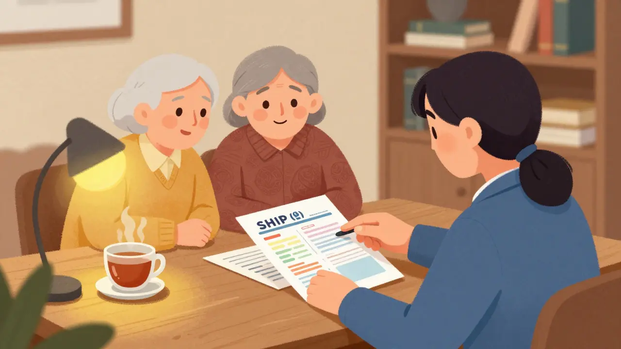 A counselor helping an elderly couple with paperwork in a cozy setting.