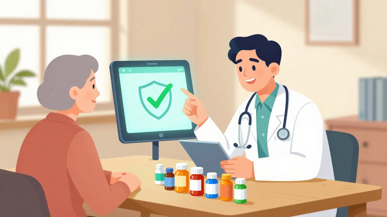 A doctor and patient reviewing medications together with a digital safety tool.