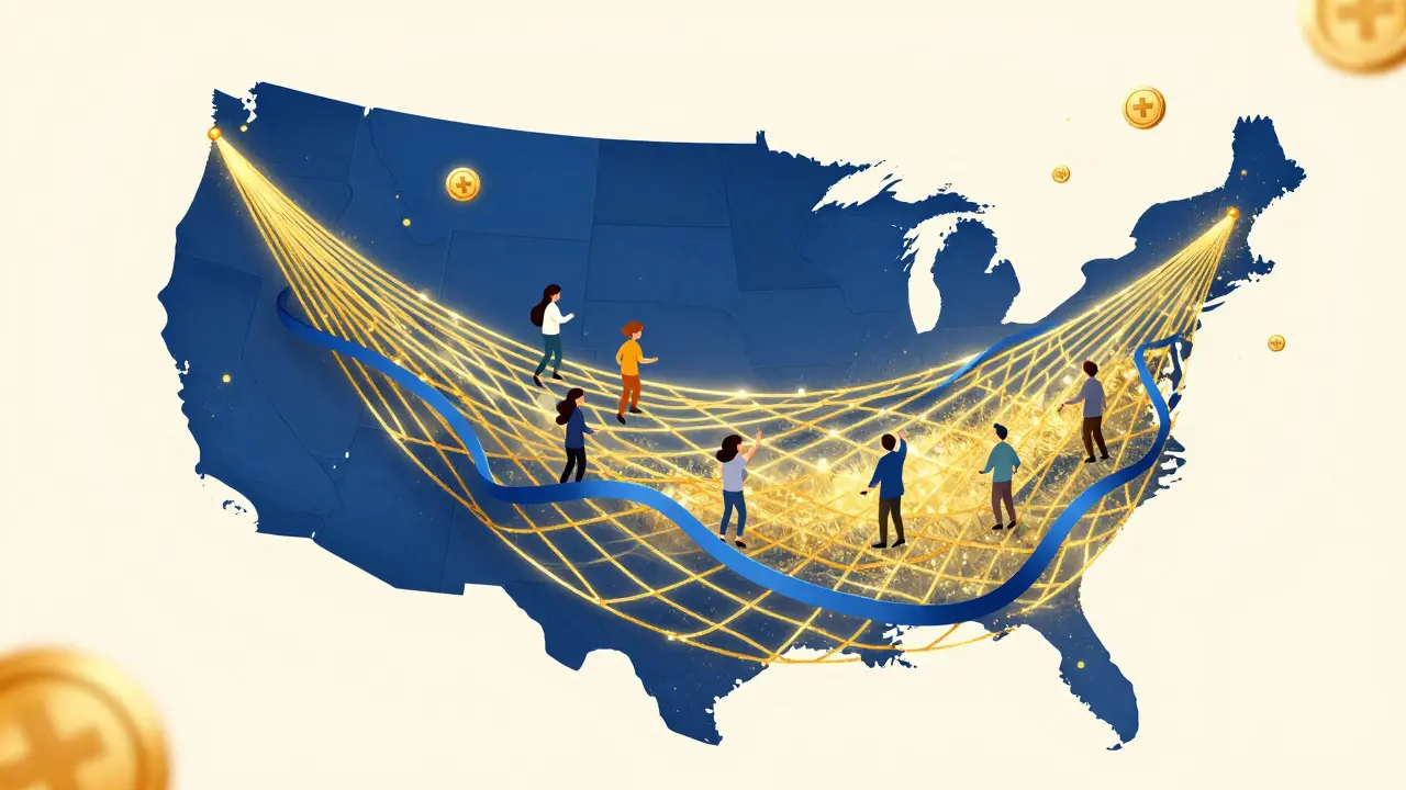 A golden and blue safety net supporting people across a stylized US map.
