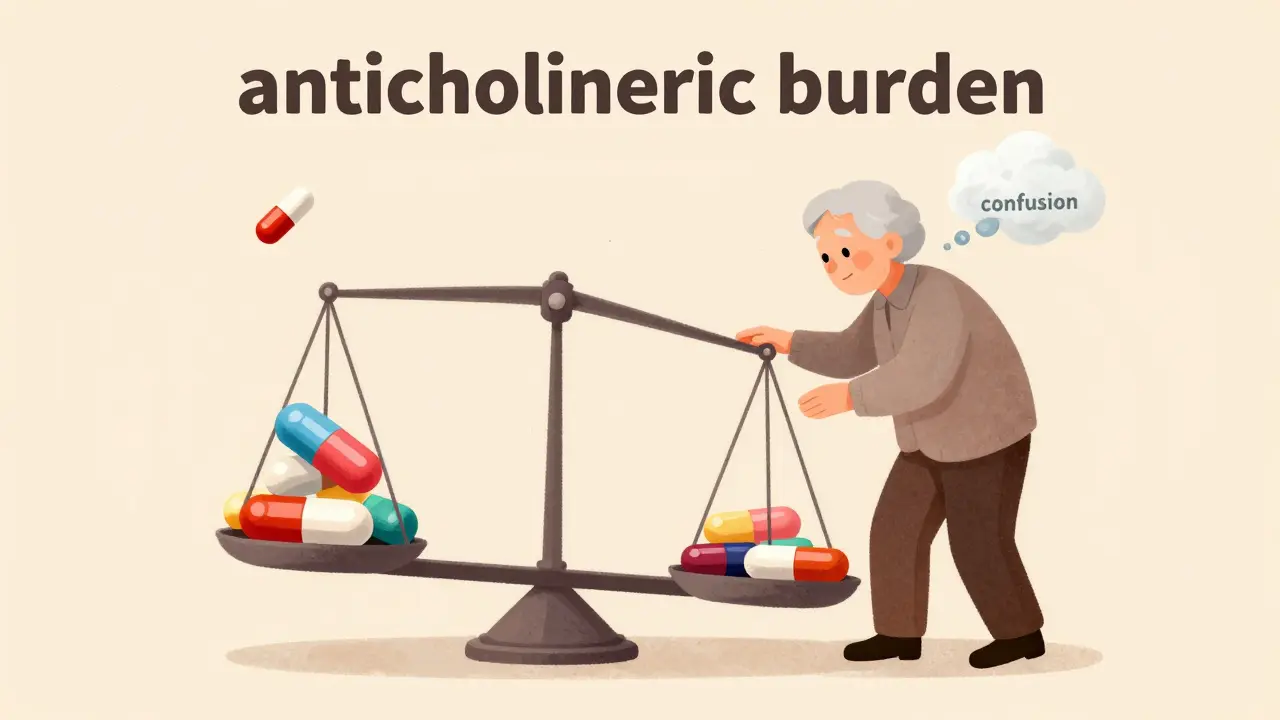 A person balancing several medicine pills on a scale with a cloud of confusion above them.