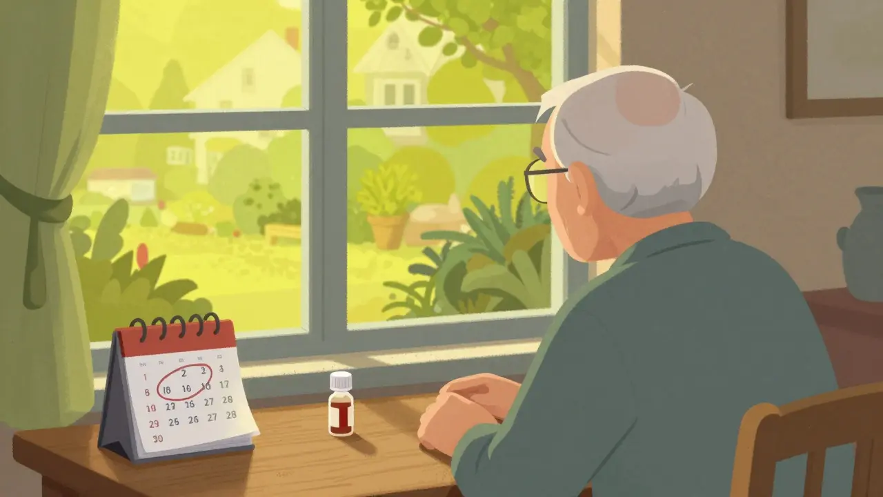 An elderly person looking at a garden with a yellow-green tint, symbolizing digoxin toxicity.