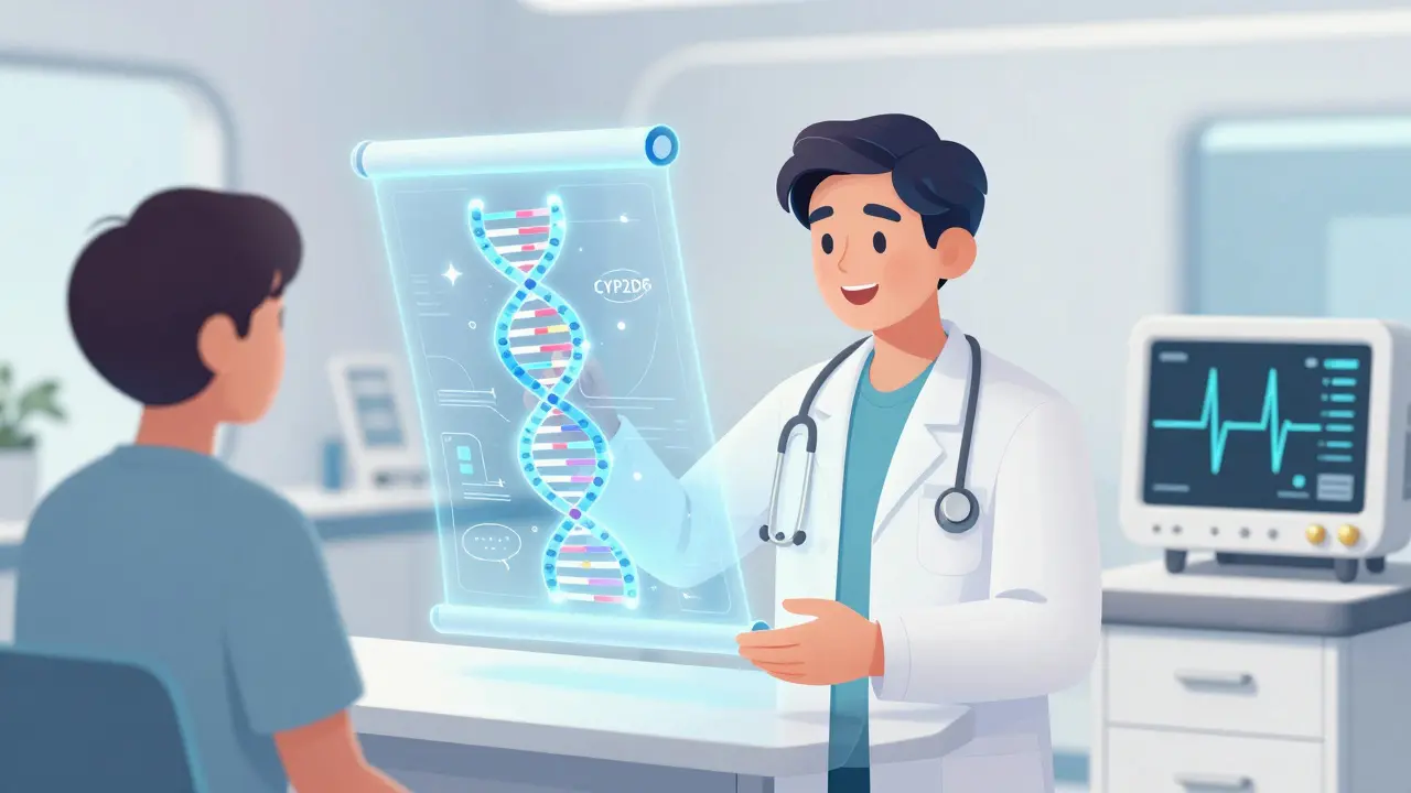Doctor examining a glowing DNA blueprint and ECG monitor for personalized dosing.