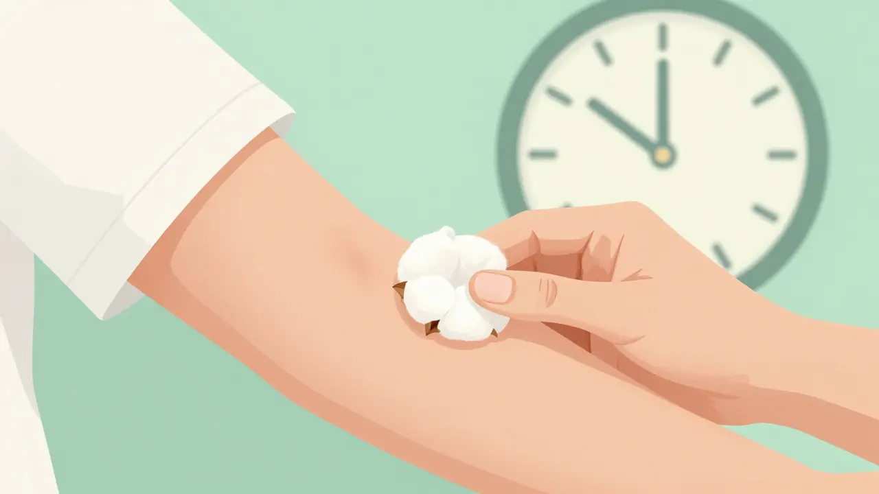 Hand applying firm pressure to a vaccine site with a timer nearby