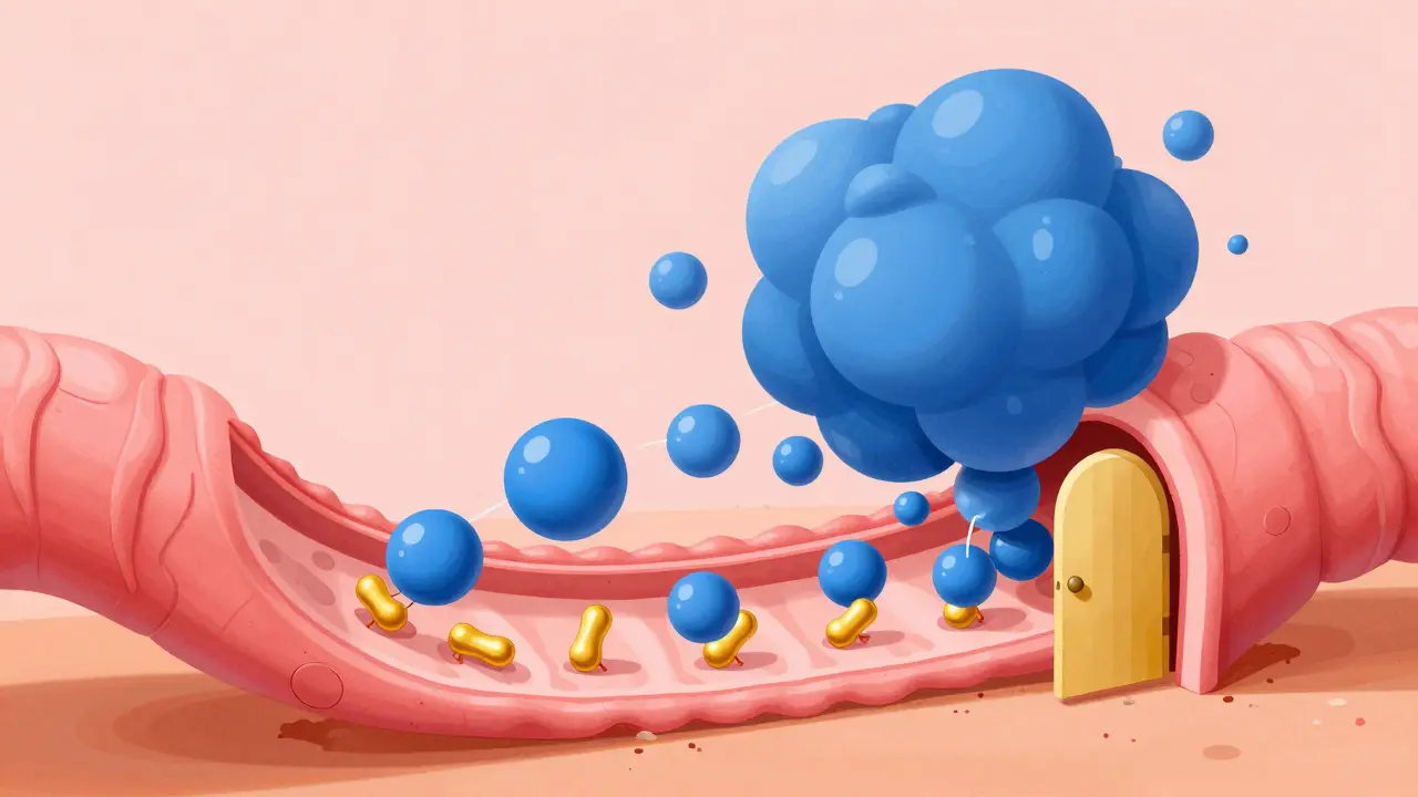 Illustration of calcium ions acting like magnets to trap antibiotic molecules in the gut.