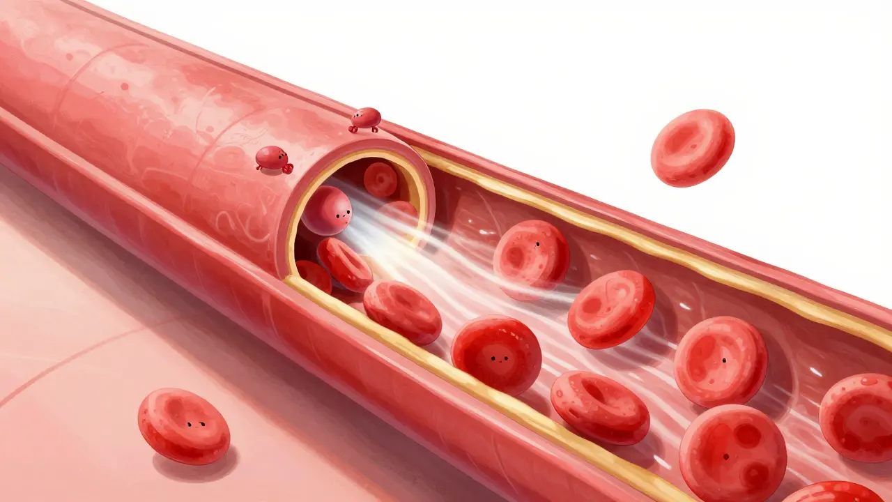 Illustration of medication causing a blood vessel to dilate and increase blood flow.