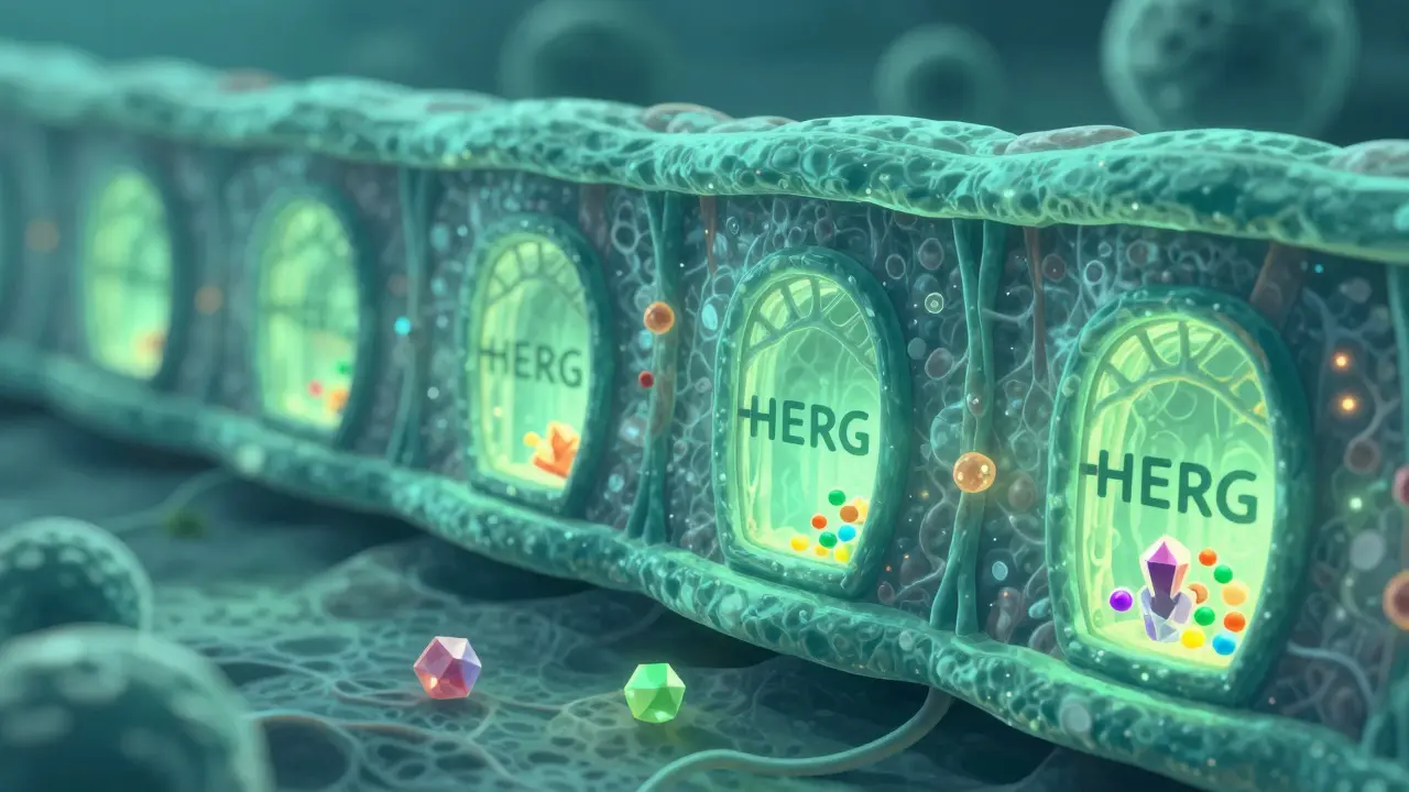 Microscopic view of glowing cell channels being blocked by colorful drug molecules.