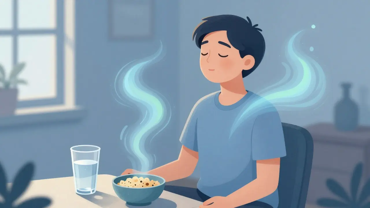 Person meditating in a cool room to relieve facial flushing and stress.