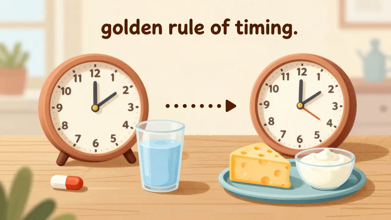 Storybook style image showing a time gap between taking medication and eating dairy products.